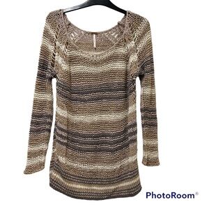 Free People Neutral Striped Open Knit Sweater